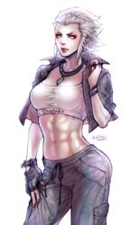  abs alternate_costume bandeau between_breasts black_gloves black_jacket black_pants bracelet breasts collarbone collared_jacket commentary contrapposto cowboy_shot cropped_jacket eyeshadow female final_fantasy final_fantasy_xiv fingerless_gloves gloves grey_hair hair_slicked_back hand_on_own_thigh hand_up highres jacket jewelry large_breasts leki_ixion lips looking_to_the_side makeup merlwyb_bloefhiswyn midriff muscular muscular_female nail_polish navel necklace open_clothes open_jacket pants pendant pocket red_eyeshadow red_nails ring roegadyn short_hair signature simple_background single_fingerless_glove solo sports_bra standing toned toned_female twitter_username v-shaped_eyebrows white_background white_bandeau white_sports_bra yellow_eyes 