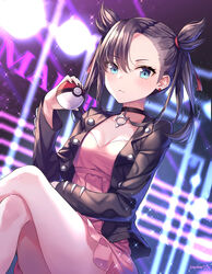  :&lt; alternate_breast_size aqua_eyes asymmetrical_bangs backlighting black_choker black_hair black_jacket black_nails blush breasts character_name choker cleavage closed_mouth collarbone commentary_request crossed_legs dress earrings female hair_ribbon highres holding holding_poke_ball jacket jewelry long_hair looking_at_viewer marnie_(pokemon) medium_breasts neon_lights open_clothes open_jacket pink_dress poke_ball poke_ball_(basic) pokemon pokemon_swsh red_ribbon ribbon short_dress sitting solo soyubee thighs twintails 