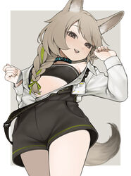  :d animal_ear_fluff animal_ears arknights bare_shoulders beanstalk_(arknights) beanstalk_(elite_ii)_(arknights) black_sports_bra blue_shorts blush braid breasts brown_eyes brown_hair brown_tail collar commentary_request cowboy_shot e_draw_paint female fingernails from_below green_ribbons grey_background grey_tail hair_ribbon highres infection_monitor_(arknights) long_hair long_sleeves looking_at_viewer looking_down off_shoulder open_clothes open_mouth open_shirt ribbon shirt shorts simple_background single_braid small_breasts smile solo sports_bra suspender_shorts suspenders tail teeth upper_teeth_only white_shirt 