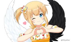  blonde_hair blue_eyes close heart maaru_(shironeko_project) miicha necklace ponytail shironeko_project short_hair watermark white wings wink 