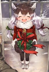  :d ^_^ absurdres alternate_costume animal_ears antlers bell black_gloves black_pantyhose blush boots brown_hair christmas closed_eyes coat commentary_request deer_ears extra_ears facing_viewer female fur_collar fur_trim gift gloves grey_hair hair_tie hakoneko_(marisa19899200) highres horns kemono_friends long_hair low-tied_long_hair mittens neck_bell nose_blush open_mouth outdoors pantyhose pov pov_hands red_coat reindeer_(kemono_friends) reindeer_antlers reindeer_girl santa_costume smile solo twintails white_footwear white_fur wind 