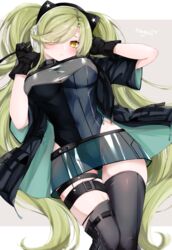  ass_visible_through_thighs asymmetrical_legwear bad_id bad_pixiv_id black_gloves black_jacket black_legwear black_leotard blush breasts character_name cleavage closed_mouth commentary_request covered_navel female girls&#039;_frontline gloves green_hair groin hair_over_one_eye headphones highres hip_vent jacket kairi630 large_breasts leotard long_hair magal_(girls&#039;_frontline) microskirt no_bra partial_commentary pouch see-through simple_background skindentation skirt solo star_(symbol) thigh_strap thighhighs thighs twintails two-tone_background uneven_legwear yellow_eyes 