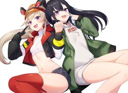  2girls :d animal_ears black_choker black_gloves black_hair black_jacket black_shorts blonde_hair breasts choker collarbone crop_top cropped_jacket drawstring fake_animal_ears garter_straps gloves green_jacket groin hand_up highres holding_hands hood hoodie ichinose_uruha ichinose_uruha_(2nd_costume) jacket komori_met komori_met_(2nd_costume) long_hair long_hoodie long_sleeves looking_at_viewer lupinus_virtual_games midriff multiple_girls nanashi_inc. navel nishino_eri oerba_yun_fang open_clothes open_jacket open_mouth partially_fingerless_gloves ponytail purple_eyes red_legwear shirt short_shorts shorts simple_background single_glove sleeveless sleeveless_shirt sleeveless_turtleneck small_breasts smile stomach thighhighs thighs turtleneck v v_ap_art virtual_youtuber visor_cap vspo! white_background white_hoodie white_shirt 