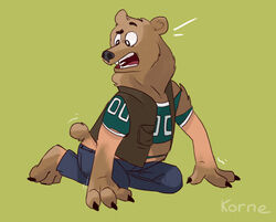  anthro bear black_nose brown_bear brown_body brown_fur claws clothed clothing competition_number eyebrows fur jersey kneeling kornepheross looking_at_butt male mammal mid_transformation number number_on_clothing number_on_jersey number_on_topwear number_print print_clothing print_jersey print_topwear raised_eyebrow shocked solo species_transformation topwear transformation ursine 