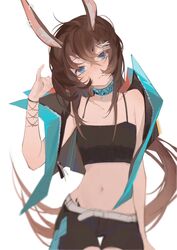  alternate_costume amiya_(arknights) animal_ears arknights belt black_jacket black_shirt black_shorts blue_collar blue_hair brown_hair burnt_hair collar cowboy_shot crop_top cropped_jacket female hair_between_eyes hair_ornament hand_up highres jacket jewelry long_hair looking_at_viewer midriff navel neck_ring open_clothes open_jacket parted_lips ponytail rabbit_ears rabbit_girl shirt shorts simple_background solo thigh_gap very_long_hair white_background white_belt x_hair_ornament yumingtongxue 