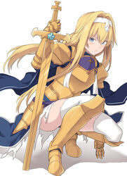  alice_zuberg armor armored_boots armored_dress blonde_hair blue_cape blue_dress blue_eyes blush boots breastplate bright_pupils cape dress female full_body gauntlets gold_armor gold_footwear hairband holding holding_sword holding_weapon knight light_blush long_hair looking_at_viewer osmanthus_blade planted planted_sword shiseki_hirame shoulder_armor simple_background slit_pupils solo squatting sword sword_art_online sword_art_online:_alicization thighhighs thighs torn_clothes torn_dress unsheathed weapon white_background white_hairband white_pupils white_thighhighs yellow_footwear 