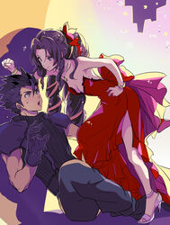  1boy absurdres aerith_gainsborough aerith_gainsborough_(red_dress) aqua_eyes armor back_bow black_hair boots bow bracelet breasts building cleavage d&#039;orsay_heels dress female final_fantasy final_fantasy_vii final_fantasy_vii_remake flamenco_dress flower full_body gloves green_eyes grey_pants grey_shirt hair_flower hair_ornament hair_ribbon hand_on_own_hip hand_up high_heels highres jewelry leaning_forward long_dress long_hair looking_at_another medium_breasts necklace official_alternate_costume open_mouth pants parted_bangs red_dress ribbon ringlets shirt shoji_sakura short_hair shoulder_armor side_slit skyscraper sleeveless sleeveless_turtleneck smile sparkle spiked_hair star_(sky) strapless strapless_dress strappy_heels suspenders sweatdrop toeless_footwear turtleneck zack_fair 