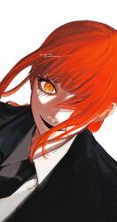  black_jacket black_necktie black_suit chainsaw_man collared_shirt dress_shirt dutch_angle evil_smile eyelashes female formal hair_between_eyes hair_over_one_eye highres jacket kamo_(kamonegioisi) looking_at_viewer makima_(chainsaw_man) medium_hair necktie open_mouth orange_eyes portrait red_hair ringed_eyes shirt simple_background smile solo suit twitter_username white_background white_shirt wing_collar 