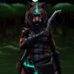  1:1 armor belly belt black_stripes bracers felid female forest frostwyrm102 fur glowing glowing_markings green_eyes knife mammal markings moon orange_body orange_fur pantherine plant solo stripes tiger tree tribal tribal_clothing weapon white_belly white_body white_fur wrapped_hair 