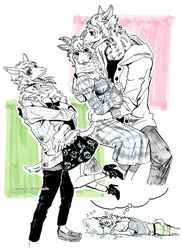  2021 alpaca angora_goat anthro beastars bottomwear bovid camelid caprine closed_eyes clothed clothing domestic_goat dream dress dress_shirt duo els_(beastars) female footwear fur goat hand_around_neck hand_on_back hand_on_hip hi_res high_heels hug jacket joze_osaka looking_at_another lying male male/female mammal on_front open_mouth open_smile pants shirt sleeping sleepwear smile sound_effects standing tem_(beastars) topwear vowelless vowelless_sound_effect wool_(fur) zzz 