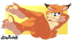  3_toes anthro barefoot blue_eyes bobcat bubsy bubsy_(series) claws countershade_feet countershading fangs feet felid feline foot_focus fur gobanire hindpaw looking_at_viewer lynx male mammal nude orange_body orange_fur paws presenting simple_background soles solo teeth toes 