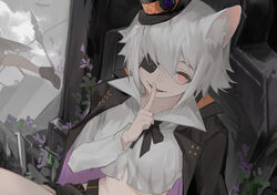  absurdres animal_ears arknights black_capelet black_hat black_ribbon capelet click_(arknights) click_(grave_thief)_(arknights) cropped_shirt eyepatch female finger_to_mouth flower halloween_costume hat highres index_finger_raised mini_hat mouse_ears mouse_girl neck_ribbon official_alternate_costume open_mouth purple_flower red_eyes ribbon shirt short_hair shushing sitting solo top_hat upper_body white_hair white_shirt yumingtongxue 