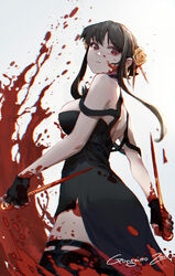  artist_name black_dress black_gloves black_hair black_thighhighs blood breasts commentary_request dagger dress dual_wielding female fingerless_gloves gloves gold_hairband gongxiao_zao hairband highres holding holding_dagger holding_knife holding_weapon knife large_breasts looking_at_viewer mixed-language_commentary red_eyes reverse_grip solo spy_x_family thighhighs two-sided_dress two-sided_fabric weapon yor_briar 