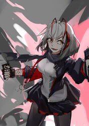  absurdres antennae arknights black_gloves black_jacket black_pantyhose black_scarf black_skirt breasts chinese_commentary commentary_request demon_girl demon_horns detonator female fingerless_gloves gloves grey_hair grey_shirt highres holding horns jacket long_hair looking_at_viewer medium_breasts nail_polish open_clothes open_jacket open_mouth orange_eyes pantyhose red_nails scarf shirt simple_background skirt sleeves_rolled_up solo ss-7 standing w_(arknights) 