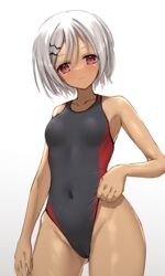  absurdres adjusting_buruma adjusting_clothes adjusting_swimsuit amairo_islenauts blush breasts buruma cameltoe closed_mouth collarbone competition_swimsuit covered_navel dark-skinned_female dark_skin eyelashes female grey_hair groin hair_between_eyes hair_ornament hairpin highleg highres hinomiya_konoka looking_at_viewer ncontrail_(mgax7527) one-piece_swimsuit parted_bangs red_eyes short_hair simple_background small_breasts solo swimsuit thighs wavy_mouth white_background 