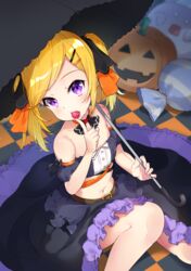  bandeau bare_shoulders belt black_dress black_ribbon blonde_hair bon_(bonbon315) brown_belt candy collarbone commentary_request dress female food from_above hair_ornament hair_ribbon hairclip halloween heart highres holding holding_umbrella jack-o&#039;-lantern midriff navel original pumpkin purple_eyes ribbon short_hair umbrella 