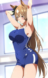  animal_ears anime_coloring arm_behind_head armpits arms_up black_ribbon blue_one-piece_swimsuit blue_sky blunt_ends blurry blurry_background blush breasts brown_hair chestnut_mouth cloud collarbone commentary_request competition_school_swimsuit contrapposto covered_navel cowboy_shot day depth_of_field diamond_(shape) ear_ornament ear_ribbon female from_side hair_between_eyes highres horse_ears horse_girl horse_tail indoors large_breasts lens_flare long_hair looking_afar multicolored_hair one-piece_swimsuit orange_eyes parted_lips ribbon satono_diamond_(umamusume) school_swimsuit sidelocks single_vertical_stripe sky solo standing straight_hair streaked_hair stretching sugarbeat swimsuit tail tail_through_clothes thighs tracen_swimsuit two-tone_hair umamusume very_long_hair wet wet_clothes wet_swimsuit white_hair window 