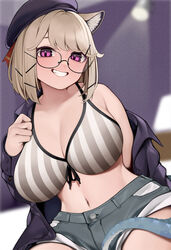  :d animal_ear_fluff animal_ears arknights arm_behind_back bikini bikini_top_only black-framed_eyewear black_headwear black_jacket blurry blurry_background breasts brown_hair cleavage collarbone depth_of_field e_draw_paint female glasses grey_bikini grey_shorts grin highres huge_breasts indoors jacket long_sleeves looking_at_viewer navel official_alternate_costume open_clothes open_jacket parted_lips purple_eyes short_hair short_shorts shorts sitting smile solo striped_bikini striped_clothes swimsuit tail undressing utage_(arknights) utage_(disguise)_(arknights) utage_(summer_flowers)_(arknights) vertical-striped_bikini vertical-striped_clothes 