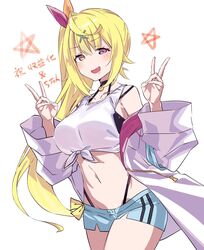  :d ahoge bad_id bad_twitter_id bare_shoulders blonde_hair blue_shorts breasts collarbone cowboy_shot crop_top double_v drooling female front-tie_top h_(eitilog) hair_ornament hair_ribbon halterneck heterochromia highleg highres hoshikawa_sara hoshikawa_sara_(1st_costume) jacket large_breasts long_hair looking_at_viewer midriff navel nijisanji off_shoulder open_clothes open_jacket open_mouth orange_eyes red_eyes ribbon shirt short_shorts shorts side_ponytail sleeveless sleeveless_shirt smile solo standing stomach tank_top v very_long_hair virtual_youtuber white_background white_jacket white_tank_top x_hair_ornament 