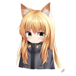  absurdres animal_ear_fluff animal_ears blonde_hair blush cat_ears cropped_torso female girls&#039;_frontline green_eyes hapy_(parkhyunjae9494) highres korean_commentary long_hair sidelocks simple_background solo tmp_(girls&#039;_frontline) upper_body very_long_hair white_background 