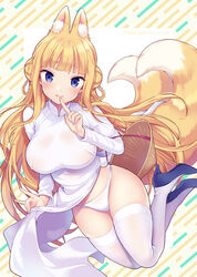  animal_ear_fluff animal_ears blonde_hair blue_eyes blue_footwear blunt_bangs blush braid breasts commentary_request double_bun female finger_to_mouth fox_ears fox_tail hair_bun hair_rings hat high_heels highres index_finger_raised jumping large_breasts long_hair long_sleeves looking_at_viewer miyano_ururu multiple_tails no_bra no_pants original panties pelvic_curtain pink_nails rice_hat robe_lift see-through shushing side_braid skindentation smile solo tail thighhighs twin_braids two_tails underwear very_long_hair vietnamese_dress white_panties white_thighhighs 