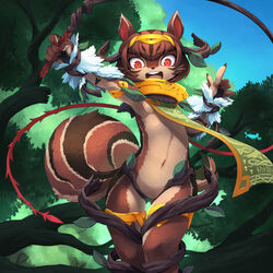  1:1 accessory anthro brown_body brown_fur brown_hair clothing deity european_mythology female female_anthro fur futhark hair hair_accessory hairband hi_res holding_object holding_weapon kamukamu6392 kemono latin_text mammal mythology naturally_censored nature navel norse_mythology norse_runes open_mouth outside plant ratatoskr red_eyes rodent runes runescript sciurid short_hair solo text tree tree_squirrel weapon whip 