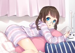  :o blue_eyes bon_(bonbon315) book braid brown_hair commentary_request curtains female glasses holding holding_book hood hoodie indoors loungewear lying on_pillow on_stomach open_mouth original pillow short_hair shorts solo striped_clothes striped_hoodie striped_shorts twin_braids 