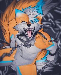  2021 angiewolf anthro blue_body blue_fur chains featureless_crotch fur hair looking_at_viewer male mammal metal multicolored_hair open_mouth orange_body orange_fur sharp_teeth solo steel teeth tricolor_fur white_body white_fur 