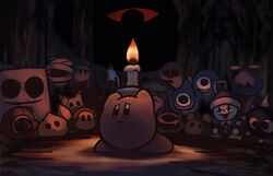  black_eyes blocky_(kirby) candle chip_(kirby) commentary dark_matter_(kirby) darkness forest gaspar_(kirby) ghost_knight_(kirby) gordo highres horror_(theme) kabu_(kirby) kirby kirby_(series) looking_at_another looking_away mariel_(kirby) mumbies_(kirby) nature no_humans outdoors perot poison_mash propeller_(kirby) scared scarfy sparky_(kirby) spookstep suyasuyabi waddle_dee waddle_doo zero_(kirby) 