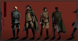  adler_(akatsuki_blitzkampf) aged_down akatsuki_(akatsuki_blitzkampf) akatsuki_blitzkampf armband back_turned black_hair blonde_hair cape closed_eyes commentary_request fritz_(akatsuki_en-eins) jacket jacket_on_shoulders katana long_hair looking_to_the_side military military_uniform multiple_boys murakumo_(akatsuki_blitzkampf) red_background refrai sai_(akatsuki_en-eins) shadow sheath sheathed short_hair sword uniform weapon 