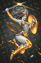  armlet armored_boots armpits artist_name blonde_hair boots bracelet dated david_nakayama dc_comics english_text female gold highres holding holding_shield holding_sword holding_weapon jewelry lasso lasso_of_truth long_hair midair muscular muscular_female open_mouth shield solo strapless sword teeth thighs warrior weapon wonder_woman 