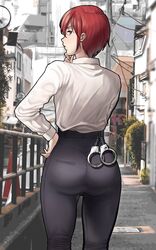  ass black_eyes black_pants cowboy_shot cuffs female from_behind han_soo-min_(hanny) handcuffs hanny_(uirusu_chan) high-waist_pants highres long_sleeves looking_at_viewer original outdoors pants plant profile red_hair shirt short_hair solo tekken white_shirt 