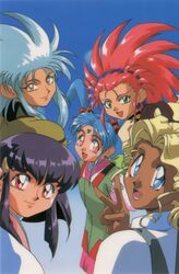  1990s_(style) 5girls aqua_hair artist_request blonde_hair blue_background blue_eyes dark-skinned_female dark_skin facial_mark forehead_mark green_eyes green_hair hair_bobbles hair_ornament hairband hakubi_washuu kuramitsu_mihoshi long_hair looking_at_viewer masaki_aeka_jurai masaki_sasami_jurai multiple_girls non-web_source official_art open_mouth pink_eyes pink_hair purple_hair red_eyes retro_artstyle ryouko_(tenchi_muyou!) short_hair sidelocks smile tenchi_muyou! tenchi_muyou!_ryou-ouki twintails v yellow_eyes 