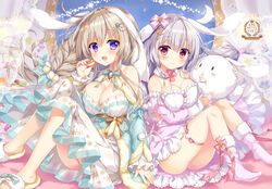  2girls :d ameto_yuki animal_ears artist_name bare_shoulders blanc_(ameto_yuki) blue_sleeves blush braid breasts brown_hair cleavage closed_mouth commentary_request crescent_moon detached_sleeves dress ecru_(ameto_yuki) food fur-trimmed_legwear fur_trim grey_hair hair_between_eyes hand_up highres holding holding_food knees_up large_breasts long_hair long_sleeves macaron moon multiple_girls open_mouth original pink_dress pink_legwear pink_sleeves purple_eyes rabbit_ears red_eyes sitting slippers smile socks star_(symbol) very_long_hair white_dress yellow_footwear 