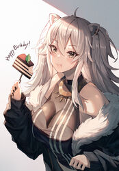  absurdres ahoge animal_ears bare_shoulders black_nails breasts cake cleavage eating female food fork fur-trimmed_jacket fur_trim grey_eyes grey_hair hair_between_eyes happy_birthday highres hololive jacket jewelry large_breasts lion_ears lion_girl long_hair long_sleeves looking_at_viewer mazel_(mazel_star) necklace see-through see-through_cleavage shirt shishiro_botan shishiro_botan_(1st_costume) simple_background solo two_side_up virtual_youtuber wavy_mouth white_background 