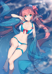  afloat ahoge armpits bare_arms bare_shoulders barefoot bikini bison_cangshu blue_eyes breasts collarbone female front-tie_bikini_top front-tie_top hat legs long_hair looking_at_viewer lying medium_breasts navel on_back partially_submerged pink_hair sailor_hat shawl smile solo stomach swimsuit taihou_(warship_girls_r) thighs tilted_headwear twintails very_long_hair warship_girls_r water white_bikini white_hat 