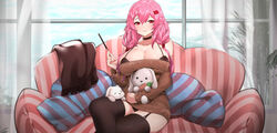  black_panties black_thighhighs bra bra_strap breasts brown_sweater cleavage commission dress female food garter_straps guilty_crown hair_ornament hairclip highres holding holding_food kaiend large_breasts long_hair long_sleeves looking_at_viewer off-shoulder_sweater off_shoulder panties pink_hair pocky red_eyes ribbed_sweater solo sweater sweater_dress thighhighs twintails underwear yuzuriha_inori 