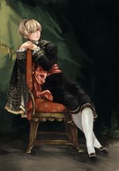  1boy ai-wa black_cape black_footwear black_jacket black_pants blonde_hair cape chair closed_mouth commentary crossed_legs curtains cushion embroidery english_commentary fire_emblem fire_emblem_fates full_body hair_between_eyes hairband highres jacket kneehighs lace-trimmed_sleeves lace_trim leaning_to_the_side leo_(fire_emblem_fates) long_sleeves looking_away male_focus own_hands_together pants sash shoes sitting sitting_sideways socks solo white_socks 