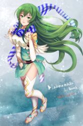  alternate_costume armor belt boots breastplate dress erinys_(fire_emblem) female fingerless_gloves fire_emblem fire_emblem:_genealogy_of_the_holy_war fire_emblem_heroes full_body gloves green_eyes green_hair long_hair looking_at_viewer scarf shoochiku_bai short_dress side_slit simple_background solo thigh_boots thighhighs 