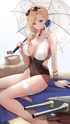  absurdres azur_lane blonde_hair blue_eyes breasts cleavage commentary_request eyewear_on_head female flower hair_flower hair_ornament highres holding holding_umbrella hood_(azur_lane) hood_(lady_of_the_shining_sun)_(azur_lane) jewelry large_breasts manjirou_(manji_illust) necklace official_alternate_costume one-piece_swimsuit parasol sand_castle sand_sculpture sunglasses swimsuit thigh_strap turret umbrella union_jack 