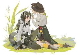  2girls animal_ears animal_hands arknights beanstalk_(arknights) black_footwear black_headwear black_pantyhose black_shorts blush braid brown_hair facing_away flower grass green_ribbons grey_hair hair_between_eyes hair_ribbon hat head_wreath holding holding_flower holding_wreath hyena_ears hyena_girl hyena_tail knee_up kneeling long_hair long_sleeves looking_at_another multicolored_hair multiple_girls pantyhose pantyhose_under_shorts parted_lips ponytail raccoon_ears raccoon_girl raccoon_tail ribbon robin_(arknights) shirt shoes shorts sidelocks simple_background sitting socks streaked_hair tail thigh_strap white_background white_flower white_shirt yellow_eyes yellow_flower yellow_socks yumingtongxue 