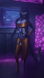  3d_(artwork) 4:7 absurd_res anthro blender_(artwork) blender_cycles blowing canid canine canis clothing digital_media_(artwork) female fog gold_(metal) hi_res jackal mammal neon_lights nightclub pinup pose science_fiction solo synth_(disambiguation) synthetic the_dark_skull 