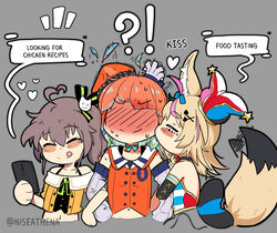  ! !? 3girls =_= ^_^ ahoge animal_ears aqua_choker bare_shoulders beret blonde_hair blush blush_stickers bow bow_choker brown_hair cellphone chibi closed_eyes commentary crop_top detached_sleeves english_commentary english_text feathers fox_ears fox_girl fox_tail full-face_blush grey_background hat heart heart_ahoge highres holding holding_phone hololive hololive_english hot kissing kissing_cheek long_hair looking_at_object looking_at_phone midriff multiple_girls natsuiro_matsuri natsuiro_matsuri_(1st_costume) navel nervous nervous_sweating niseathena off-shoulder_shirt off_shoulder omaru_polka omaru_polka_(1st_costume) phone ponytail reverse_translation ribbon scared shaded_face shirt side_ponytail smartphone smile speech_bubble surprised sweat tail tail_bow tail_ornament tail_wagging takanashi_kiara takanashi_kiara_(1st_costume) translated trembling twitter_username virtual_youtuber watermark yuri 