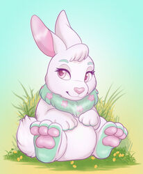  ambiguous_gender avoid_posting cybunny feet feral flower grass hi_res jumpstart_games klotzzilla long_ears neopet_(species) neopets pawpads plant sitting smile solo 