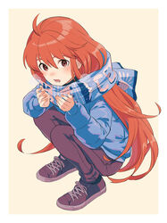  ahoge blue_coat border breathing_on_hands brown_eyes brown_hair celeste_(video_game) coat commentary female full_body fuwamoko_momen_toufu hair_between_eyes highres long_hair looking_at_viewer madeline_(celeste) open_mouth orange_hair padded_coat pants pink_background purple_footwear purple_pants scarf shoes simple_background sneakers solo squatting symbol-only_commentary white_border 