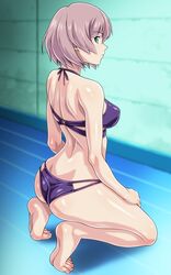  ass bikini blue_eyes breasts brown_hair female from_behind full_body gridman_universe highres kneeling looking_at_viewer looking_back medium_breasts monteriakitto mujina purple_bikini shiny shiny_clothes shiny_hair shiny_skin short_hair solo ssss.dynazenon swimsuit 