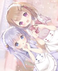  2girls :d :o alternate_costume apron blue_bow blue_dress blue_eyes blue_hair blush bow brown_hair commentary_request dress dutch_angle enmaided frilled_apron frills gochuumon_wa_usagi_desu_ka? hands_up heart heart_hands hoto_cocoa kafuu_chino long_hair looking_at_viewer maid maid_headdress multiple_girls open_mouth parted_lips puffy_short_sleeves puffy_sleeves purple_dress purple_eyes red_bow rin_(fuwarin) round_teeth short_sleeves smile teeth upper_teeth_only very_long_hair white_apron 