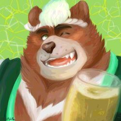  1:1 alcohol anthro bear beverage blush brown_body brown_fur bust_portrait eyebrows fur goro_(live_a_hero) hair hi_res kinaisan22511 lifewonders live_a_hero male mammal one_eye_closed portrait smile solo thick_eyebrows white_hair wink 