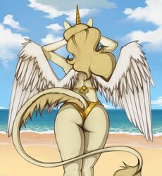  2023 adora_(marsminer) alicorn anthro ass back-tie_bikini back-tie_clothing back-tie_swimwear beach bikini bikini_bottom clothing equid equine feathered_wings feathers female gold_bikini golden_week hi_res horn horse mammal marsminer mythological_creature mythological_equine mythology rear_view seaside solo swimwear wings 