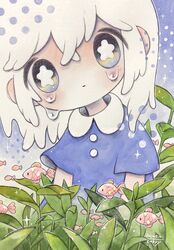  blue_dress blush bright_pupils dated dress female fish highres leaf medium_hair multicolored_eyes no_nose original outline plant short_sleeves signature solo sparkle tears traditional_media upper_body white_hair white_outline white_pupils zukky000 